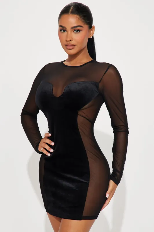 No Peaking Velvet Mini Dress - Black sold by Fashion Nova