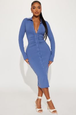 Annabelle Midi Shirt Dress - Slate Blue sold by Fashion Nova
