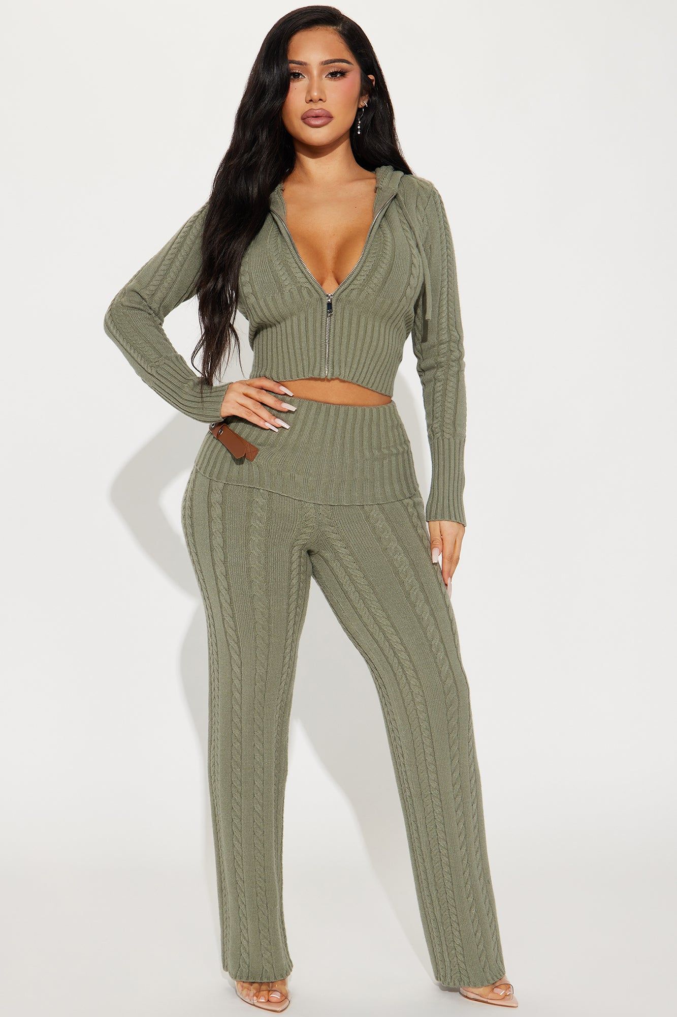 Weekend Flirt Sweater Pant Set - Olive sold by Fashion Nova