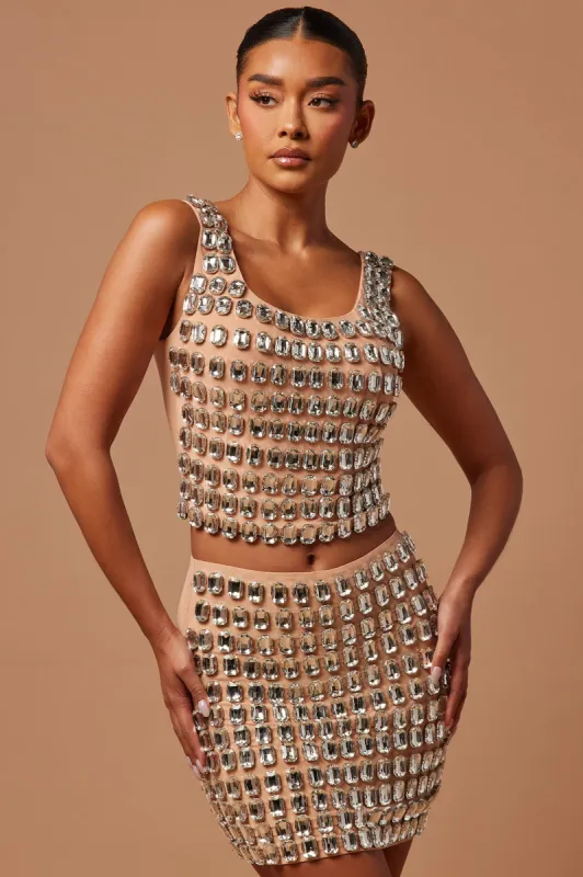 Beverly Embellished Crop Top - Nude sold by Fashion Nova