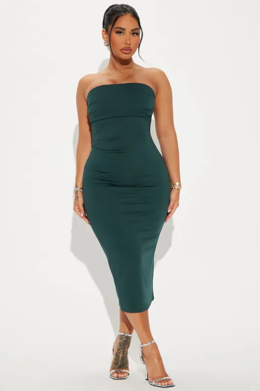 When In Rome Ruched Midi Dress - Hunter sold by Fashion Nova