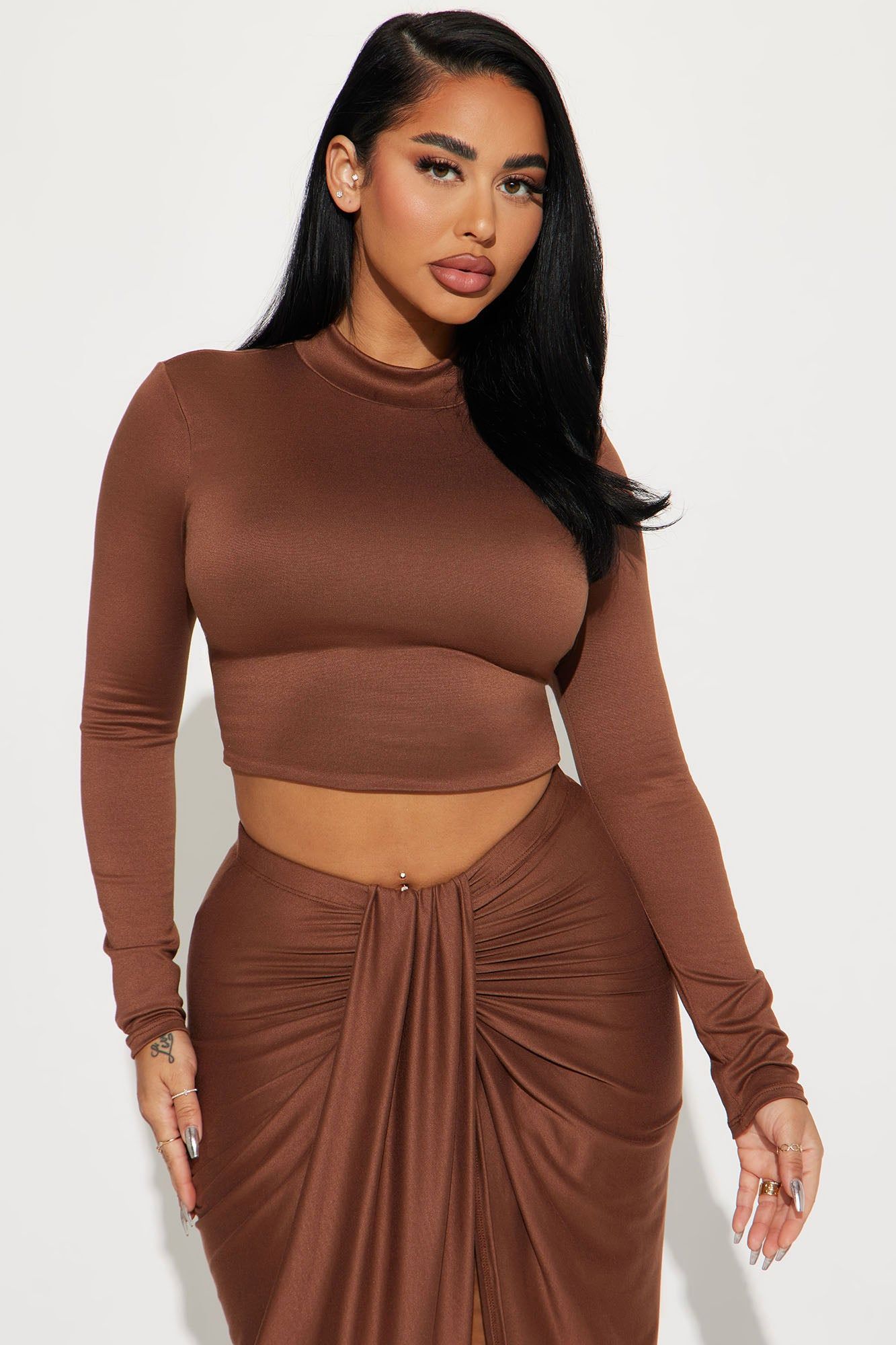 Lanie Long Sleeve Maxi Skirt Set Brown Parallel