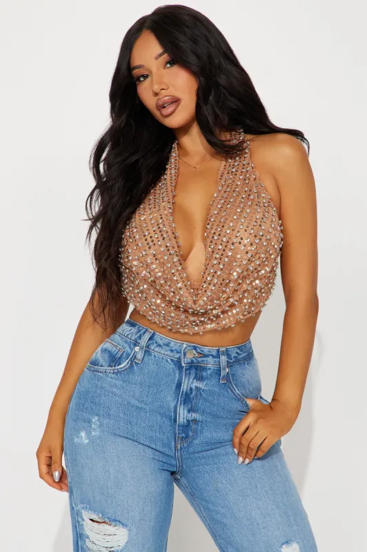 Going Out Tonight Rhinestone Halter Top - Nude sold by Fashion Nova