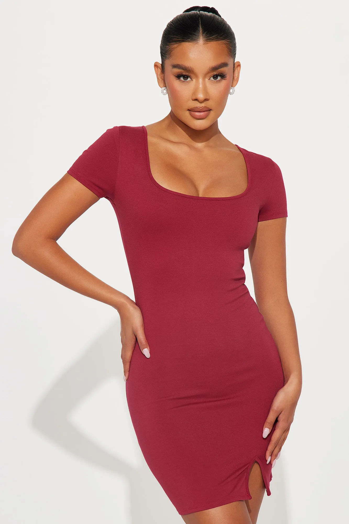 Stay True Scoop Neck Mini Dress - Burgundy sold by Fashion Nova