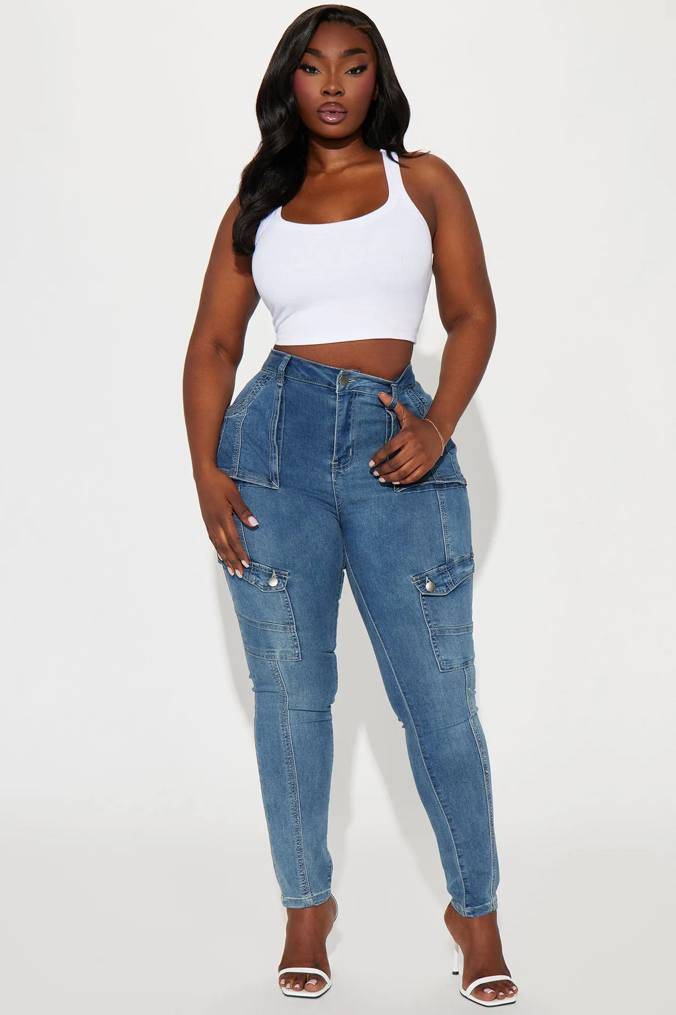 Make The Rules Stretch Cargo Skinny Jean - Medium Wash sold by Fashion Nova