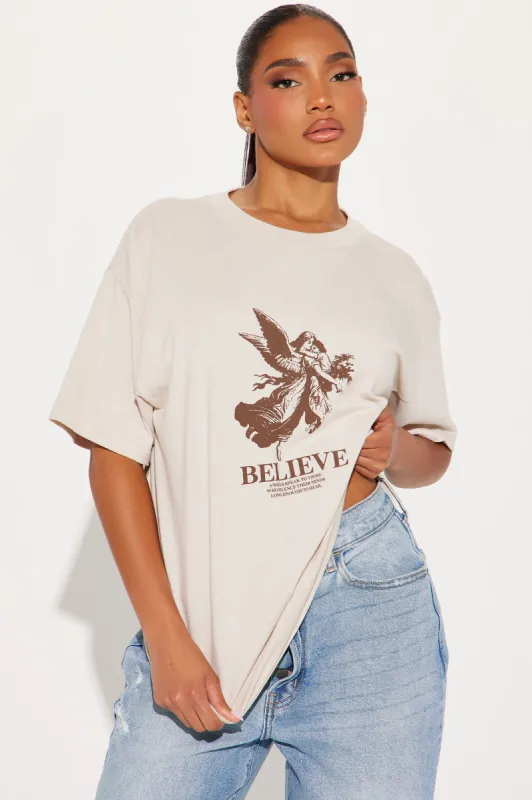 Never Stop Believing Graphic Tee - Taupe/combo sold by Fashion Nova