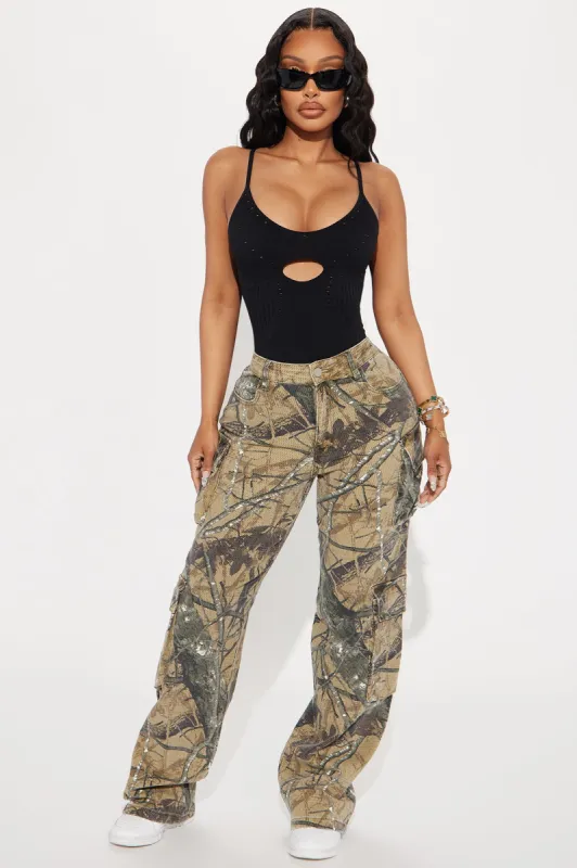 Feeling Rebellious Mid Rise Camo Cargo Pant - Olive/combo sold by Fashion Nova