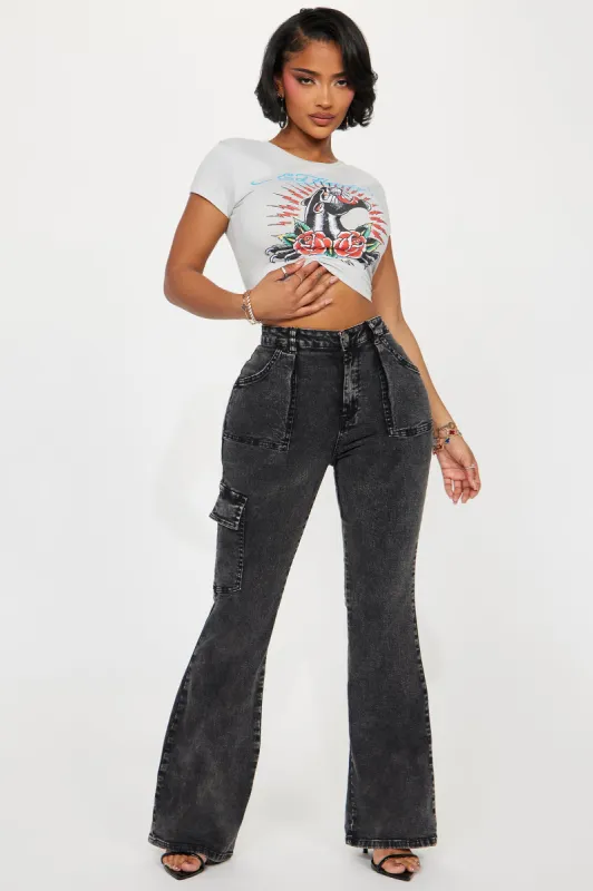 Mindy Cargo Mineral Wash Flare Pant - Black sold by Fashion Nova