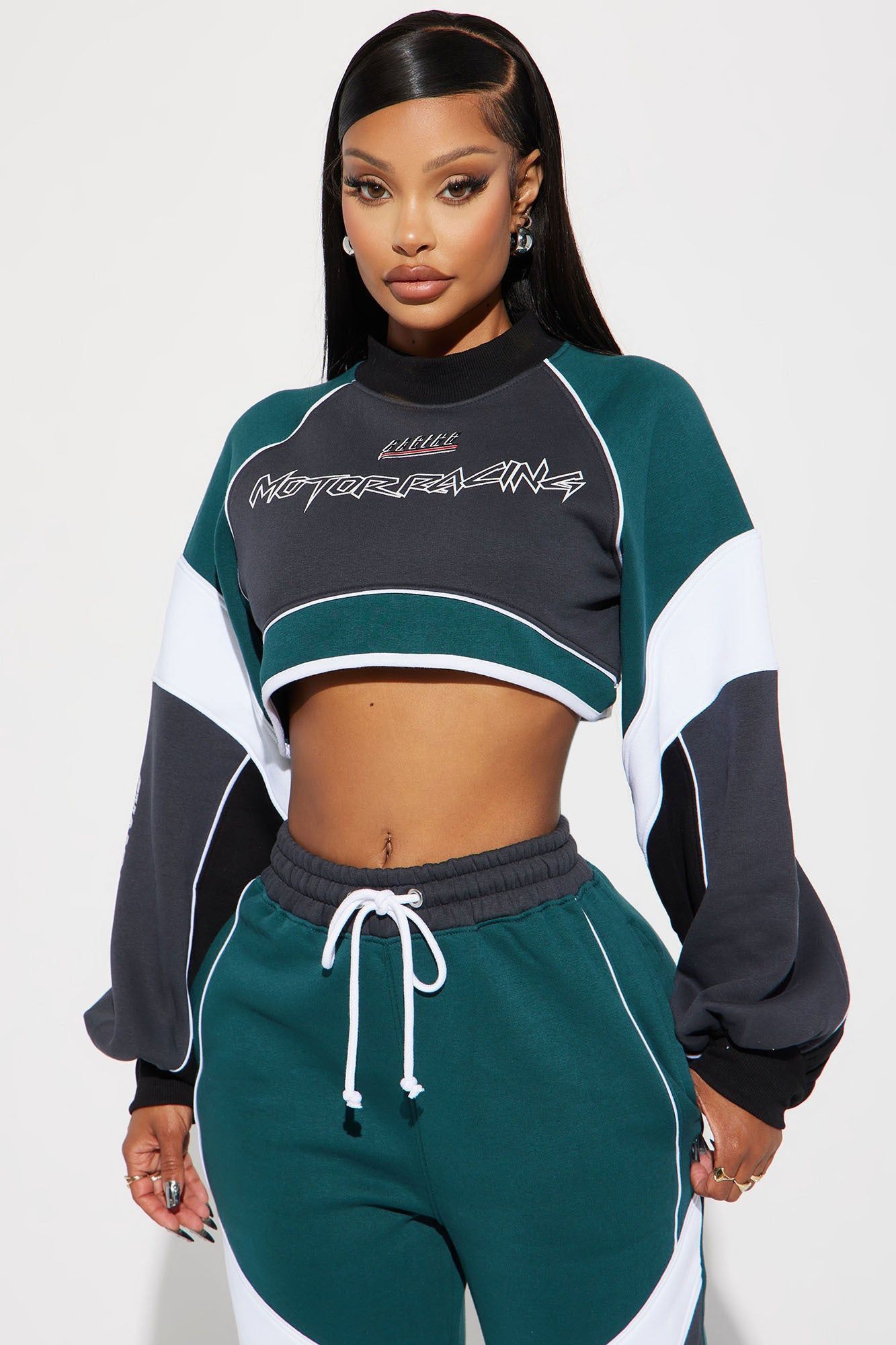 Motor Racing Cropped Sweatshirt - Teal/combo sold by Fashion Nova