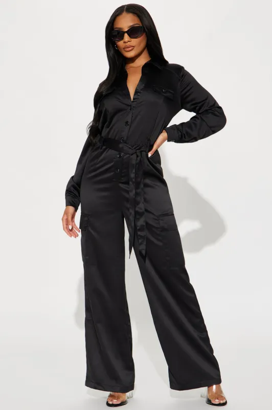 Get With It Satin Jumpsuit - Black sold by Fashion Nova