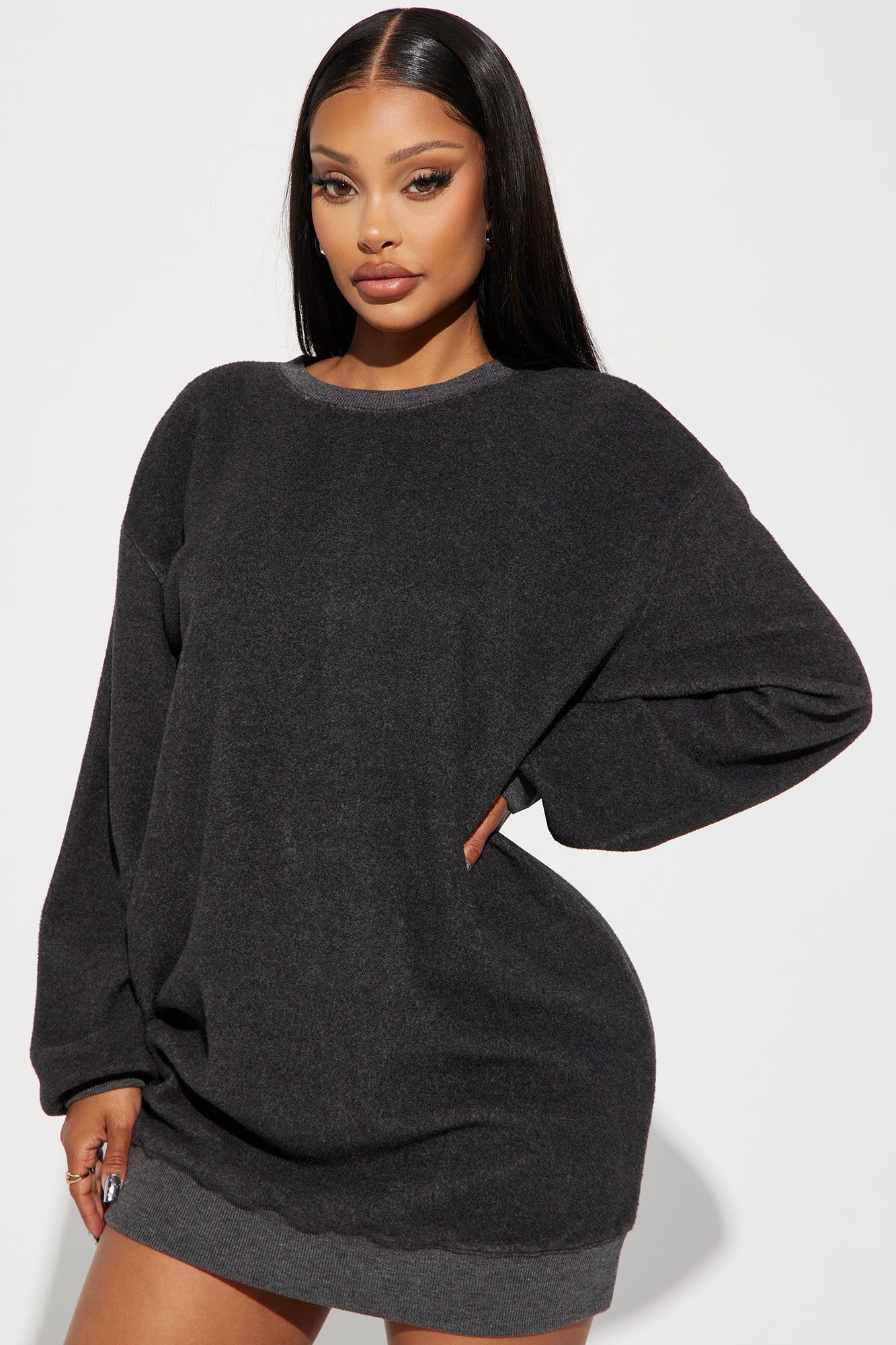 Not Sweating Sweatshirt Mini Dress - Charcoal sold by Fashion Nova