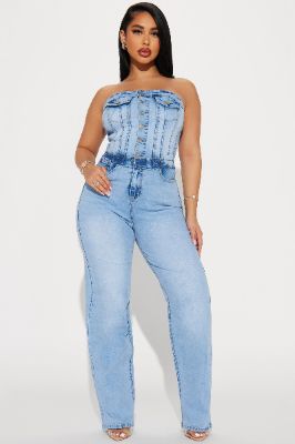 Charming Girl Denim Jumpsuit  - Light Wash sold by Fashion Nova