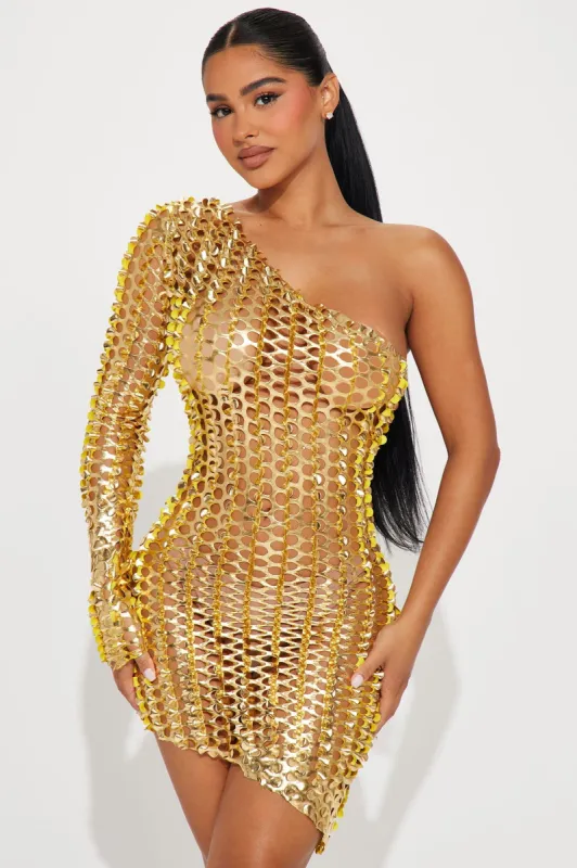 Leslie Metallic Mini Dress - Gold sold by Fashion Nova