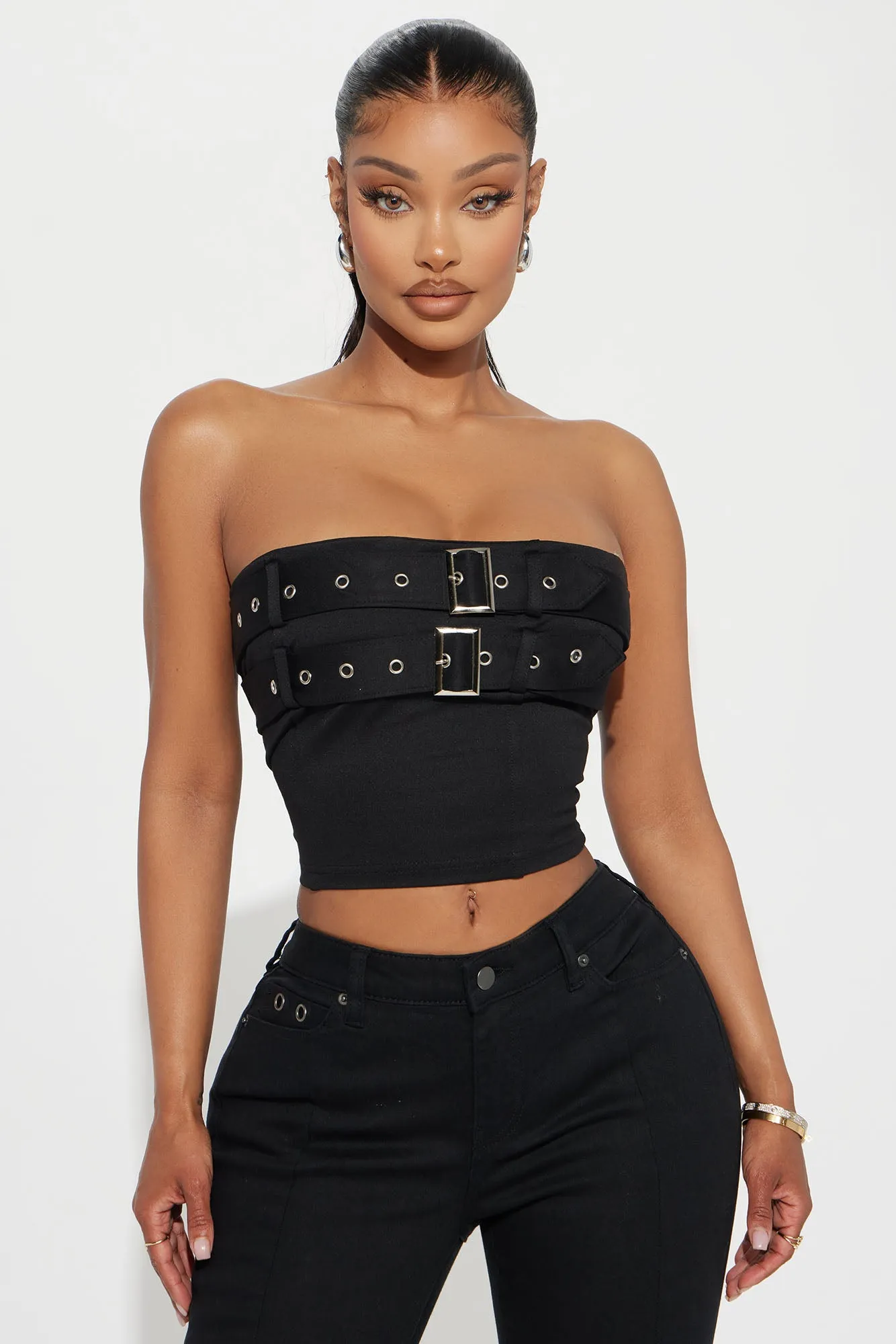 Alix Buckle Tube Top - Black sold by Fashion Nova