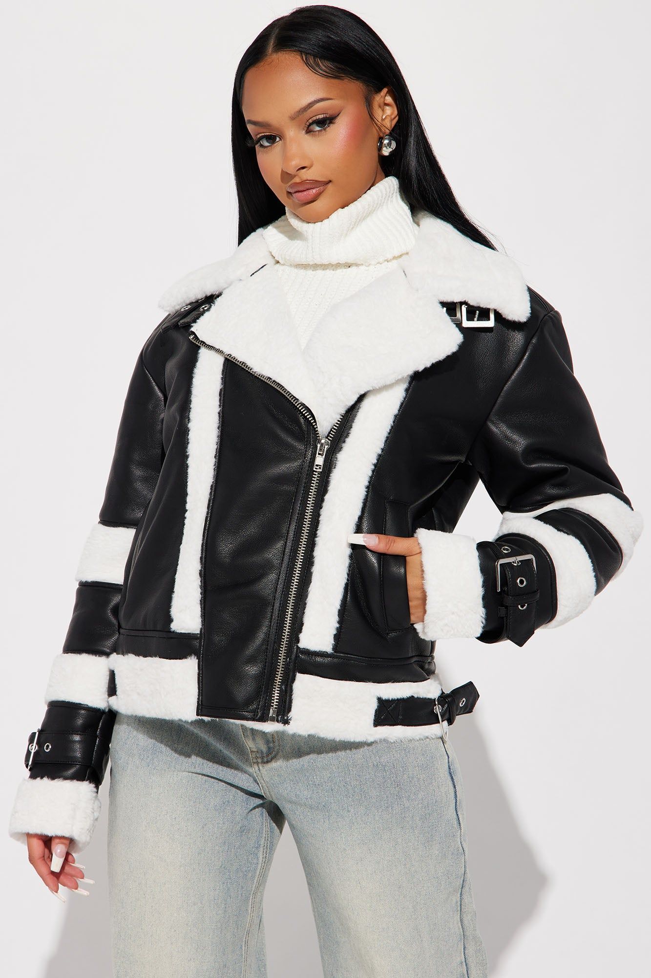 Always Be Mine Shearling Moto - Black sold by Fashion Nova