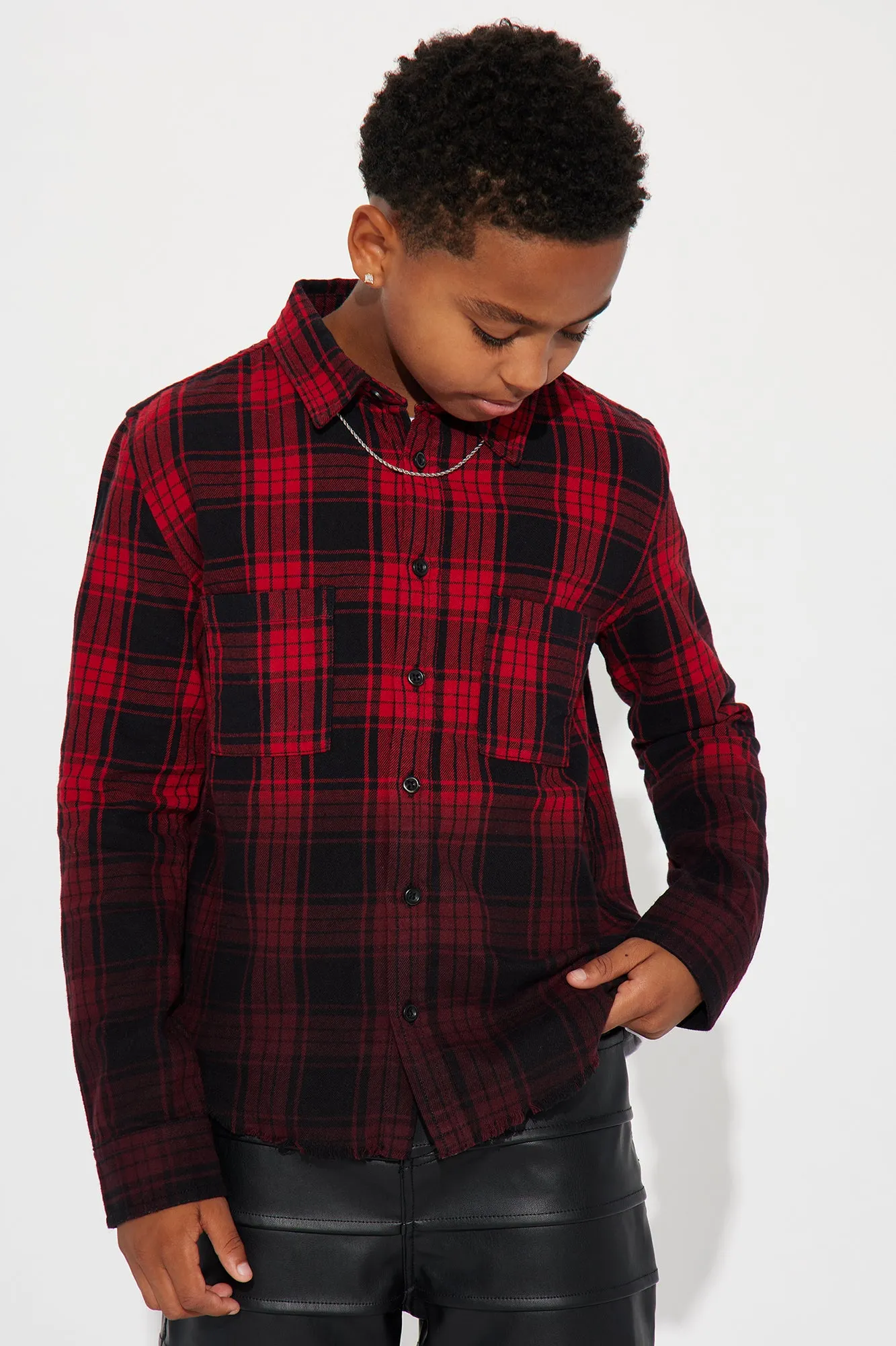 Mini Sunset Dip Dye Flannel Shirt - Red/Black sold by Fashion Nova