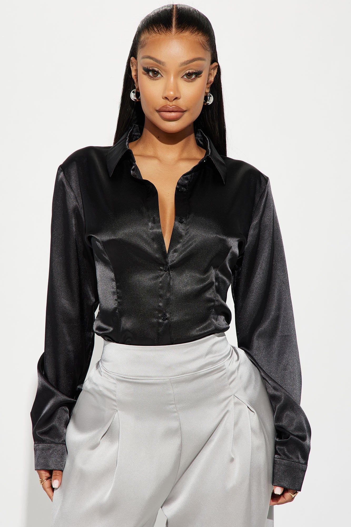 Soft Girl Satin Shirt - Black sold by Fashion Nova
