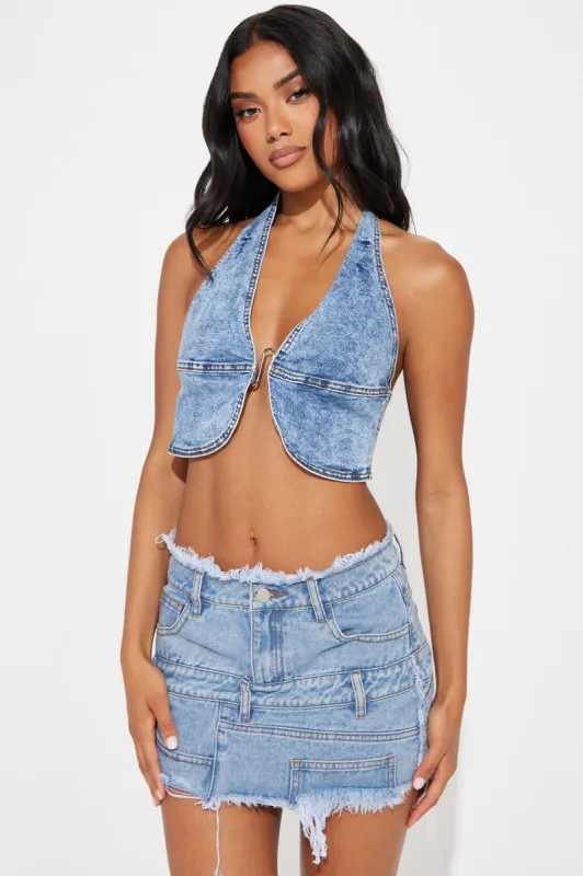 Heating Up Washed Denim Halter Top - Acid Wash Blue sold by Fashion Nova