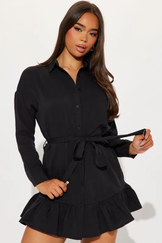 Ruffled Up Shirt Mini Dress - Black sold by Fashion Nova