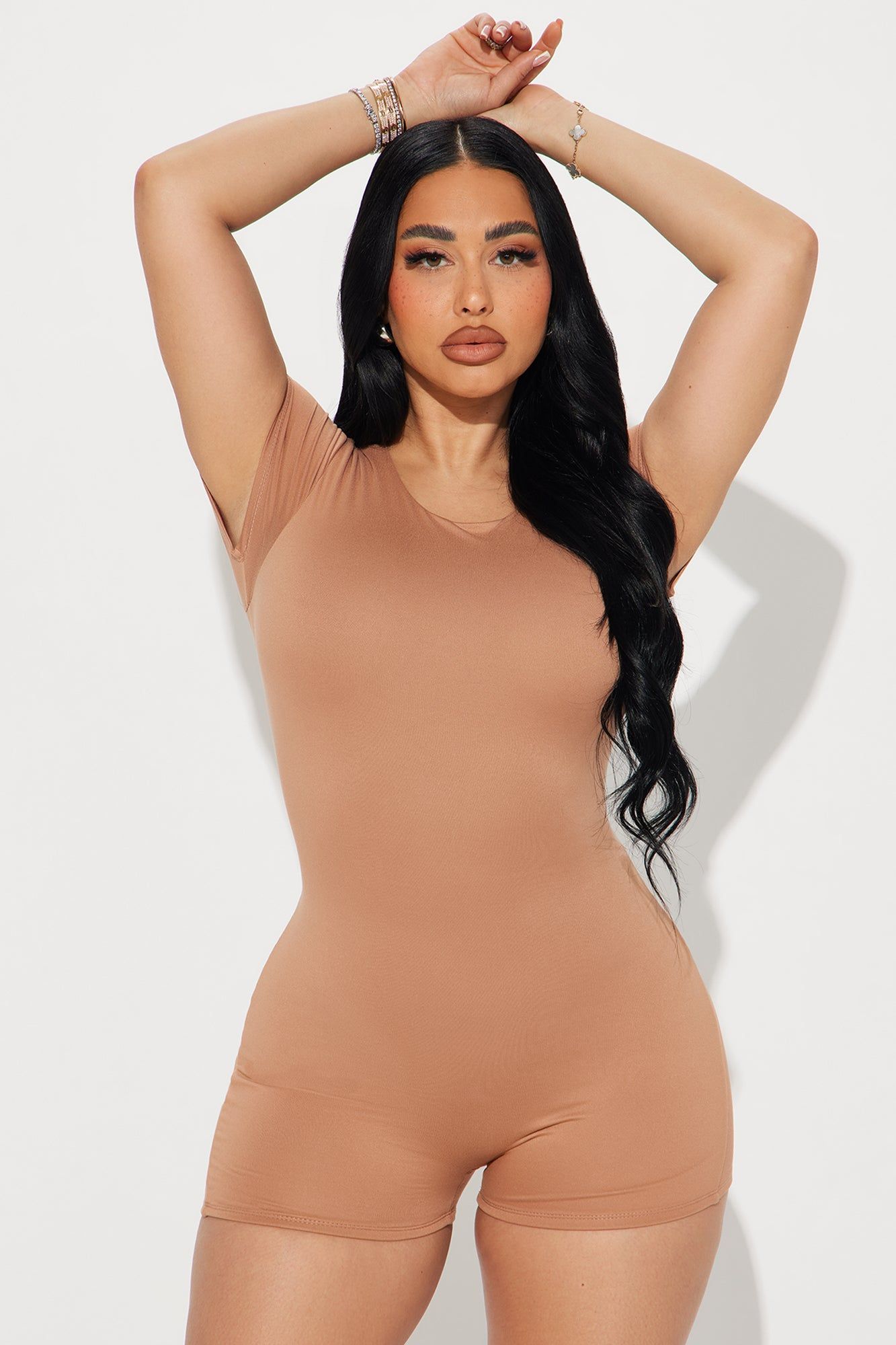 Ericka Double Lined Romper - Tan sold by Fashion Nova
