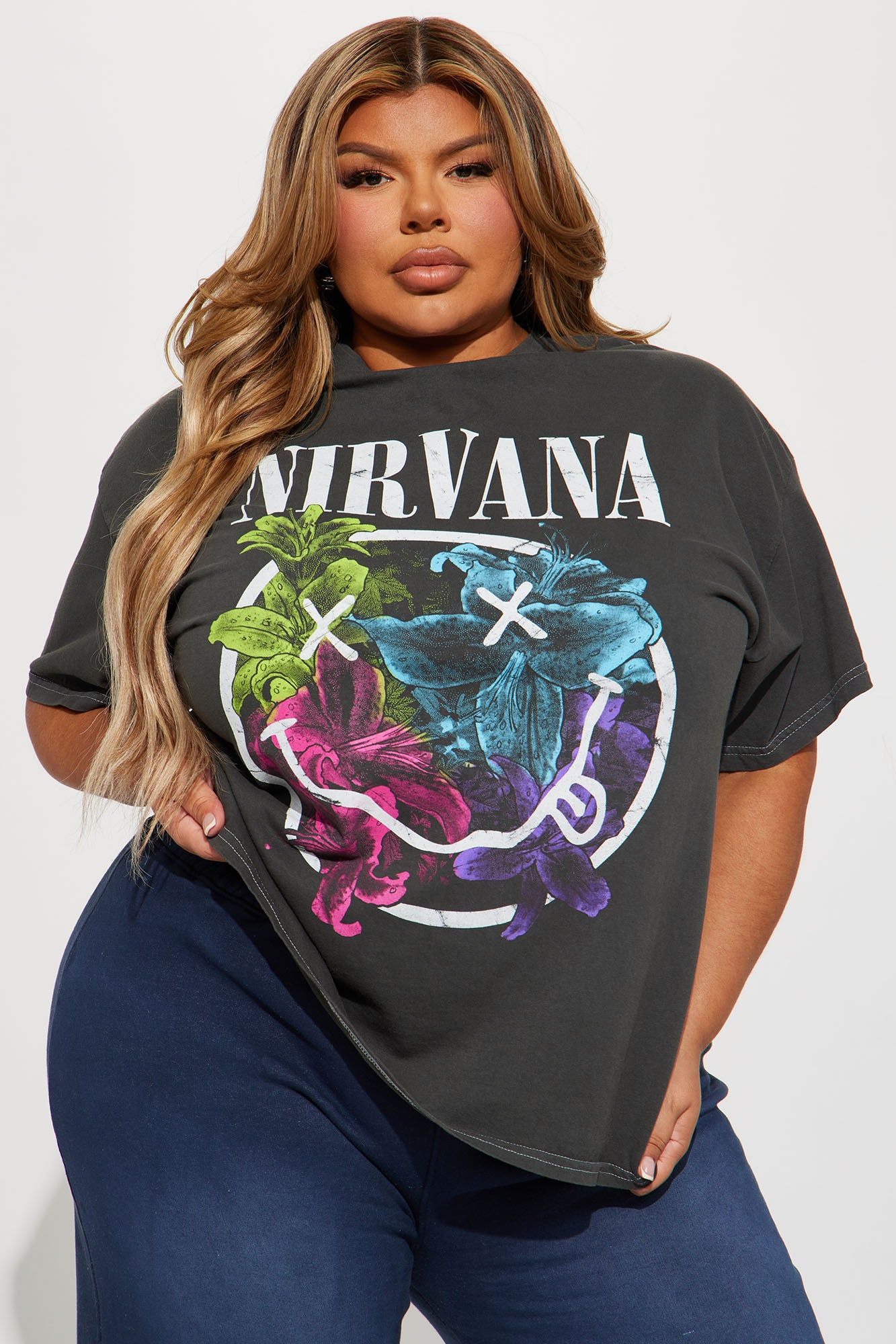 Nirvana Rainbow Floral Smiley Tee - Black Wash sold by Fashion Nova product image thumbnail 4
