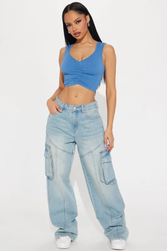 Devil In Disguise Cargo Straight Leg Jeans - Light Wash sold by Fashion Nova