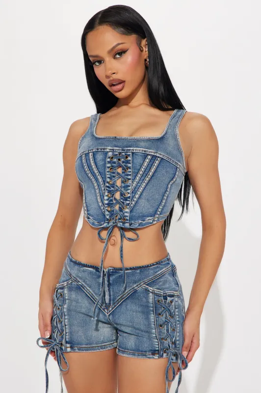 By The Way Cropped Corset Denim Top - Medium Wash sold by Fashion Nova
