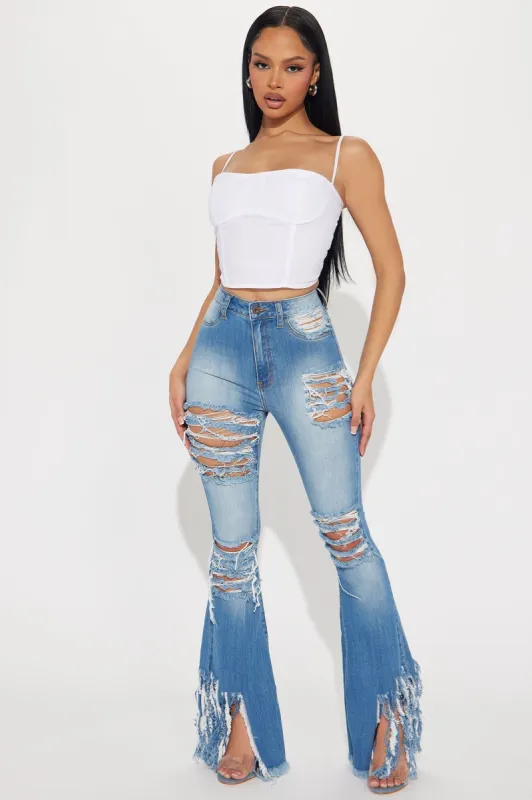 Big Ego Shredded Stretch Flare Jeans - Medium Wash sold by Fashion Nova
