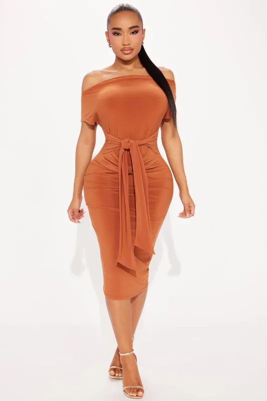 Lorelei Off Shoulder Midi Dress - Cognac made by Fashion Nova