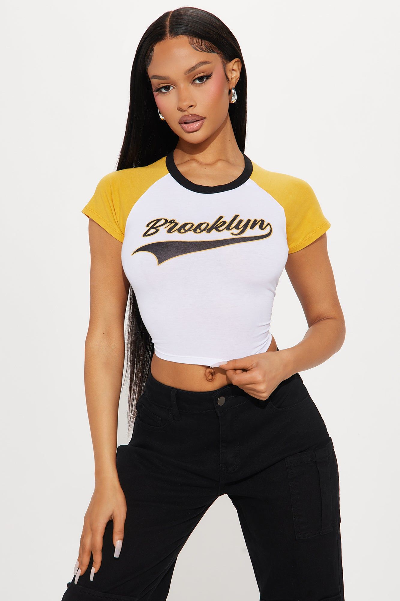Brooklyn Raglan Tee - Black/Yellow sold by Fashion Nova