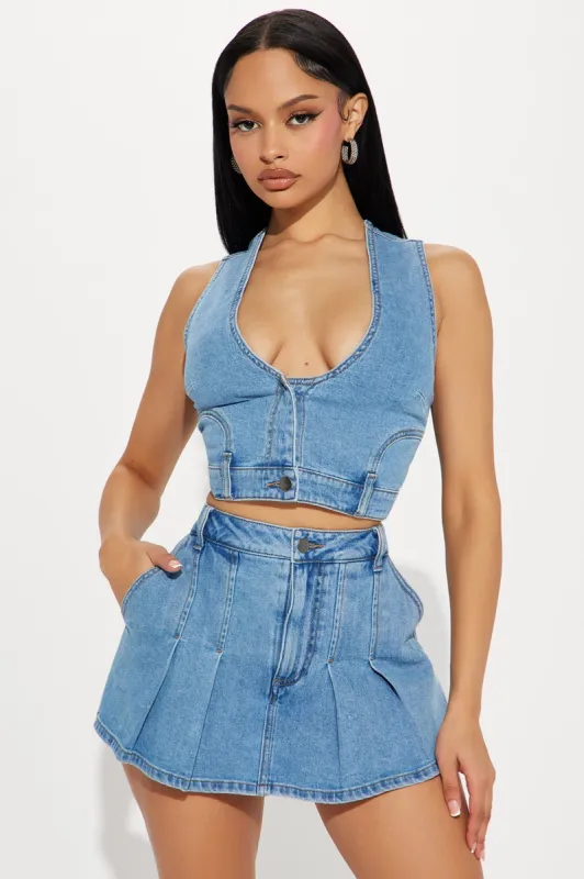 Nashville Denim Pleated Skort Set - Medium Wash sold by Fashion Nova