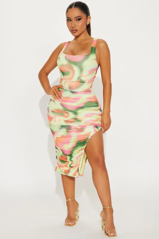 Hazy Feels Mesh Midi Dress - Green/combo sold by Fashion Nova