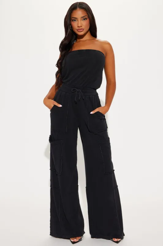 Lounge Around Washed Jumpsuit - Black sold by Fashion Nova