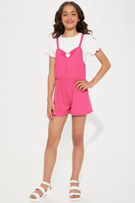 Mini You Have My Heart Short Sleeve Romper - Fuchsia sold by Fashion Nova