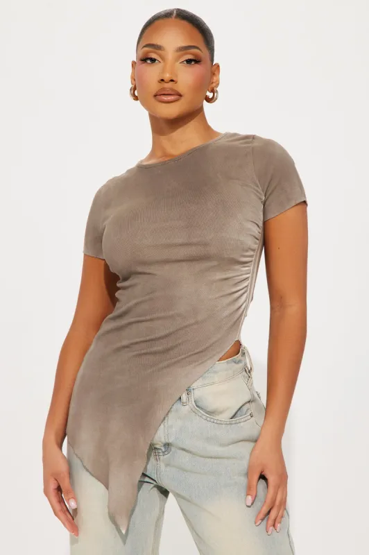 On Cloud Nine Asymmetrical Washed Top - Taupe sold by Fashion Nova