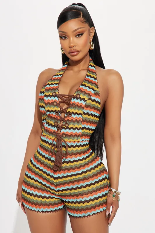 Kaui Crochet Romper - Brown/combo sold by Fashion Nova
