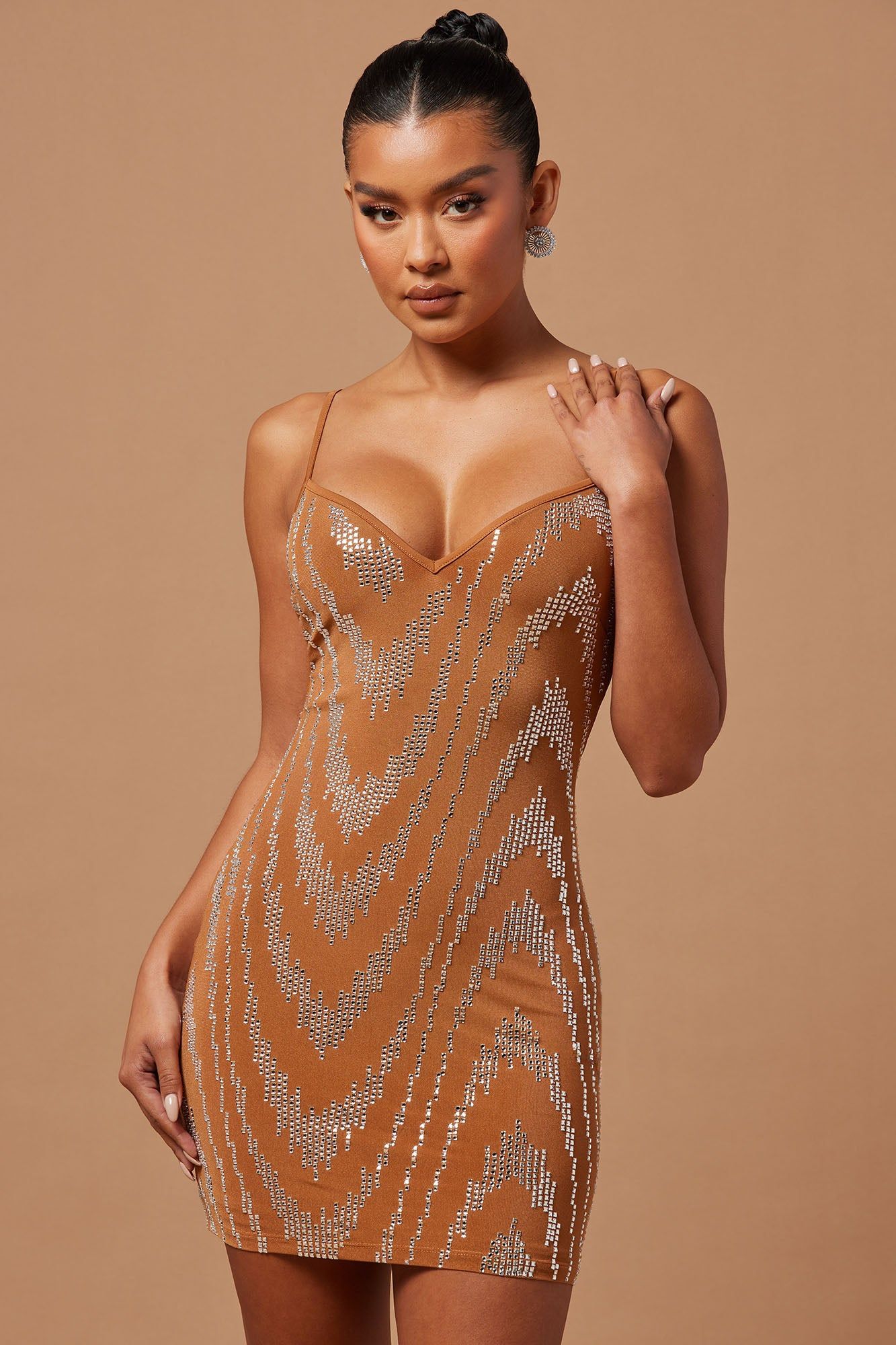Blaire Embellished Mini Dress - Cognac sold by Fashion Nova