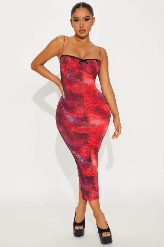 True Vixen Mesh Midi Dress - Red/combo sold by Fashion Nova