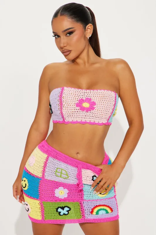Sunshine Paradise Crochet Skirt Set - Pink/combo sold by Fashion Nova