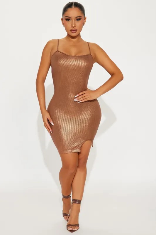 Janelle Metallic Mini Dress - Bronze made by Fashion Nova