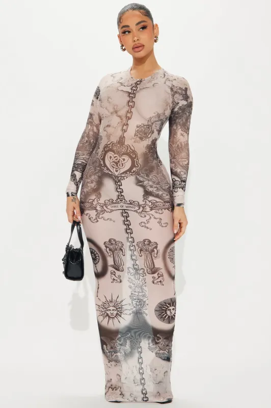 New Ink Mesh Maxi Dress - Nude/combo sold by Fashion Nova