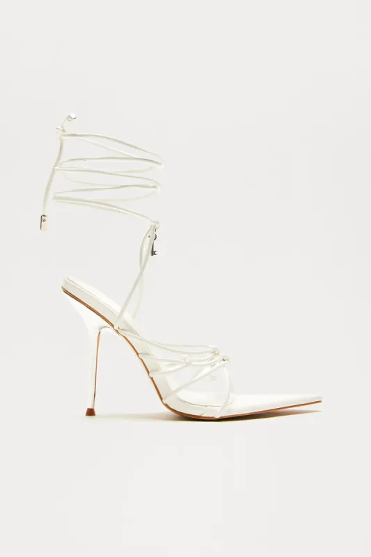 Jennah Cross Wrap Up Heels - White sold by Fashion Nova