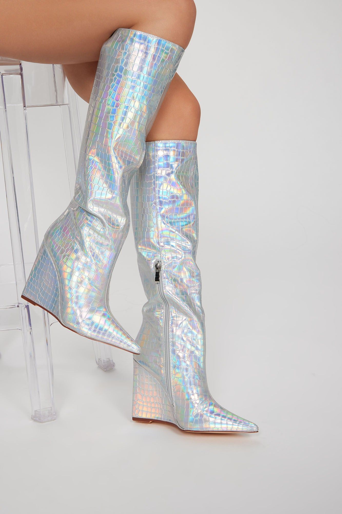 Way Into It Knee High Heeled Boots - Silver sold by Fashion Nova