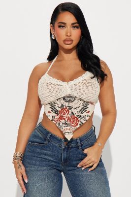 All My Roses Crochet Top - Khaki/combo sold by Fashion Nova