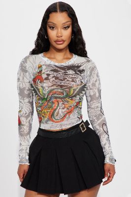 Ed Hardy Mesh Top - Ivory/combo sold by Fashion Nova