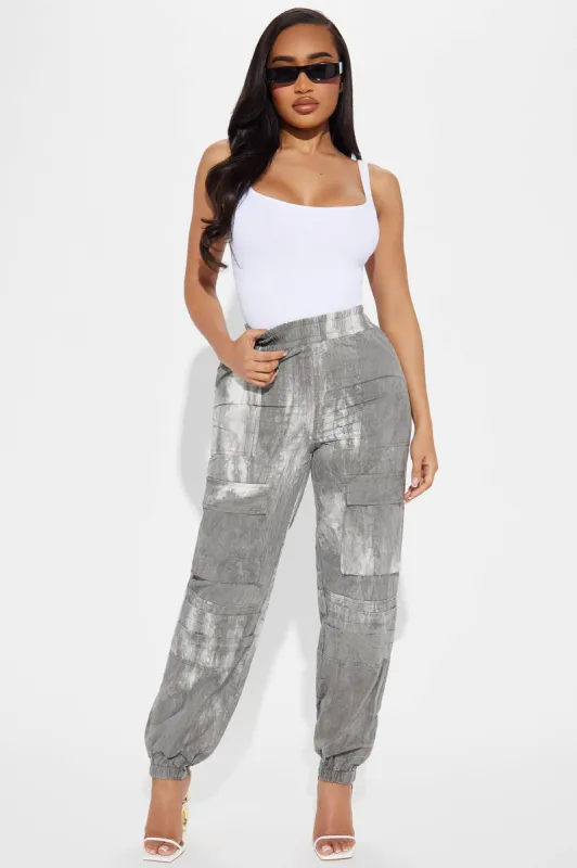 Later Tonight Printed Cargo Jogger - Grey sold by Fashion Nova
