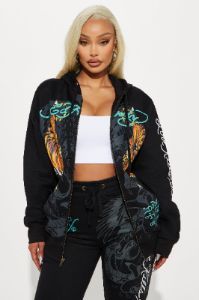 Ed Hardy Crawling Tigers Zip Front Hoodie - Black sold by Fashion Nova