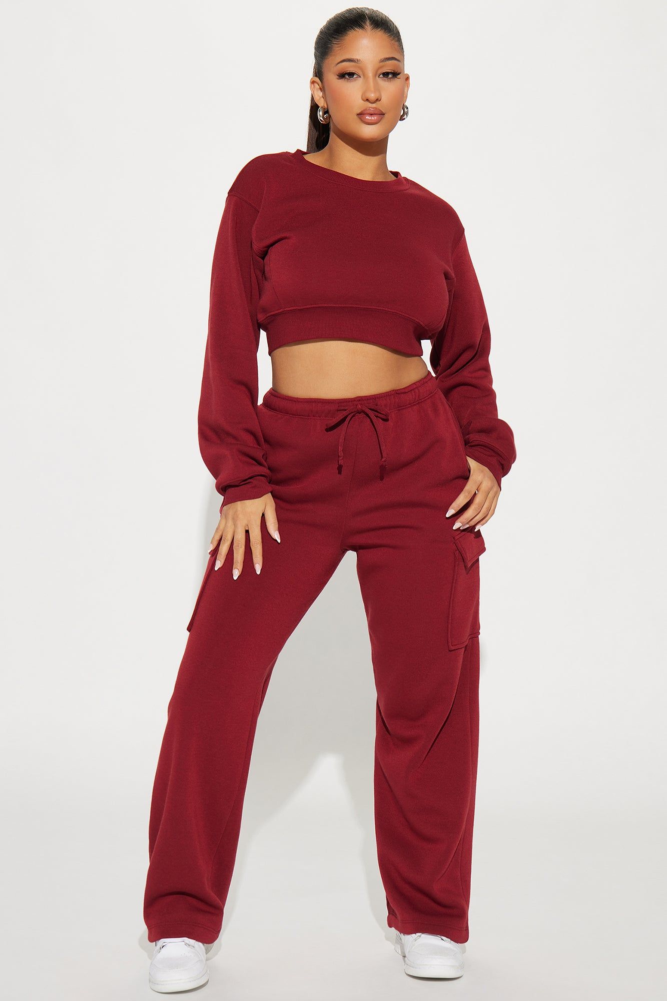 Casually Cute Cargo Pant Set - Burgundy sold by Fashion Nova