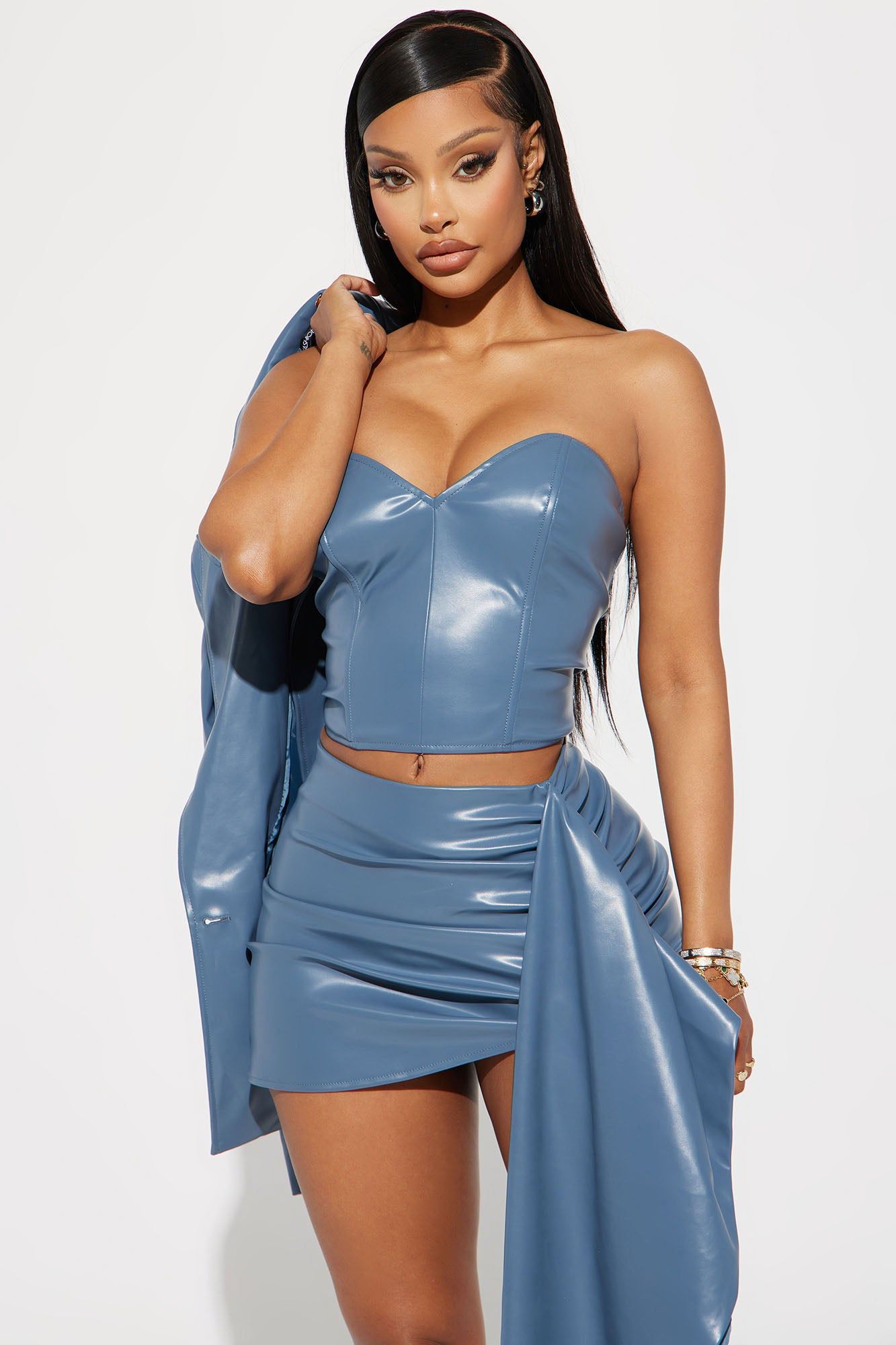 Paris 3 Piece Faux Leather Skirt Set - Slate Blue sold by Fashion Nova product image thumbnail 2