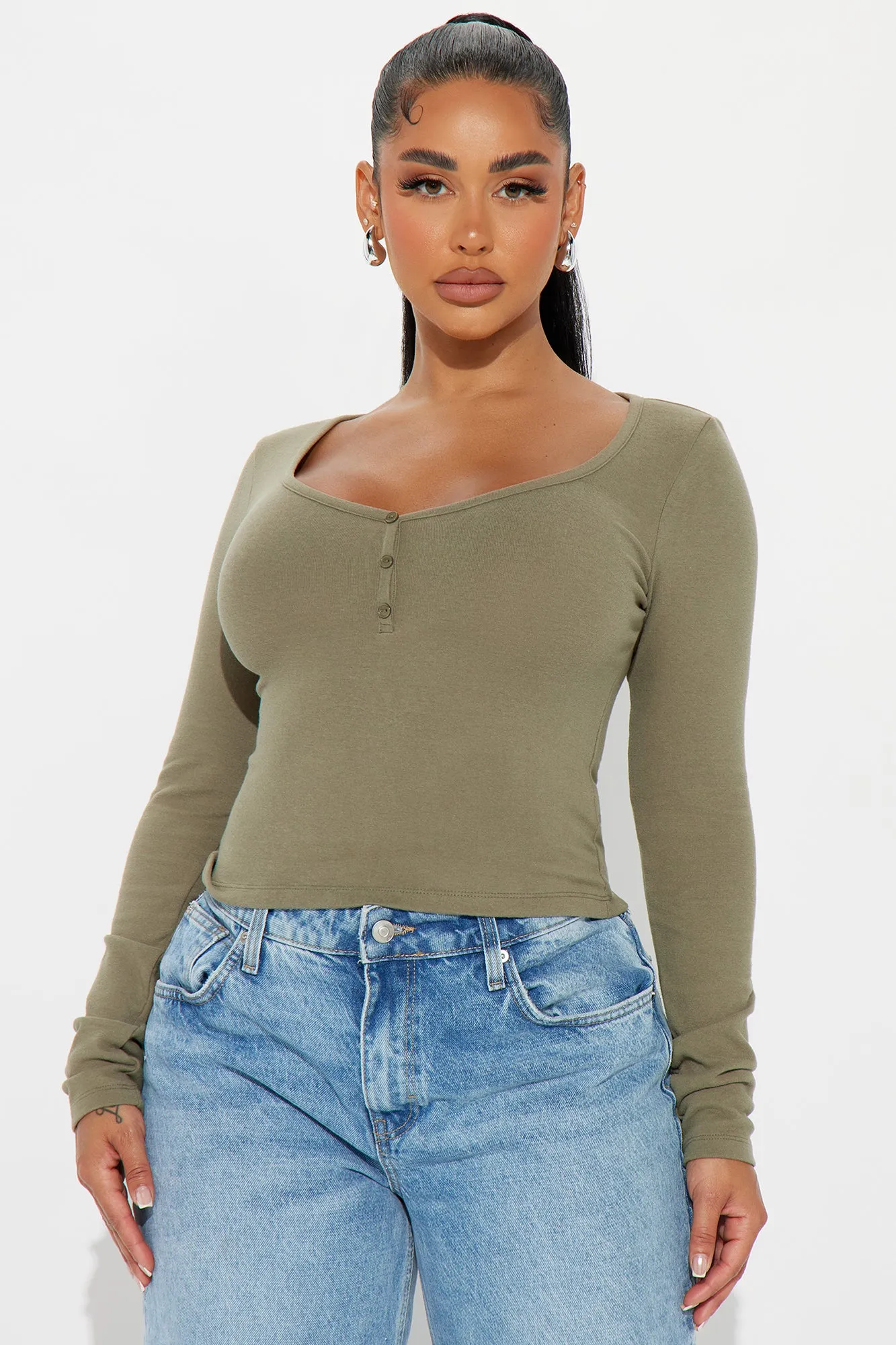 Hannah Henley Top - Olive sold by Fashion Nova